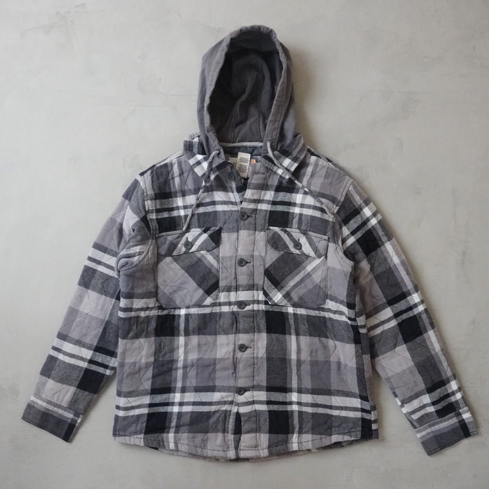 Vintage OP Ocean Pacific Quilted Flannel Hoodie Jacket Medium Mens Grey Plaid